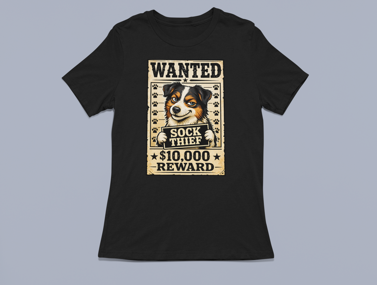 WANTED: Sock Thief 🐾😂 (Extremely Cute, Highly Guilty) Australian Shepherd Unisex T-Shirt